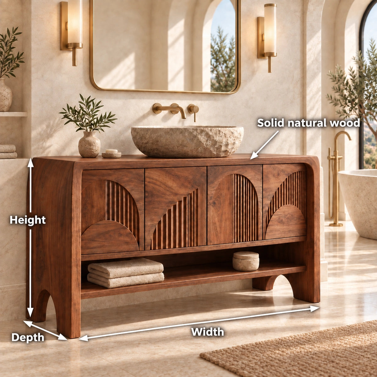 Traditional Bathroom Vanity with Fluted Arch Cabinet Doors in Natural Solid Wood - Woodenecho - 6