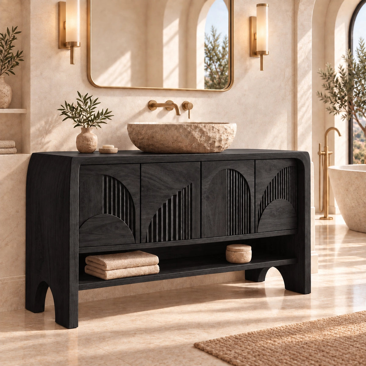 Traditional Bathroom Vanity with Fluted Arch Cabinet Doors in Natural Solid Wood - Woodenecho - 7