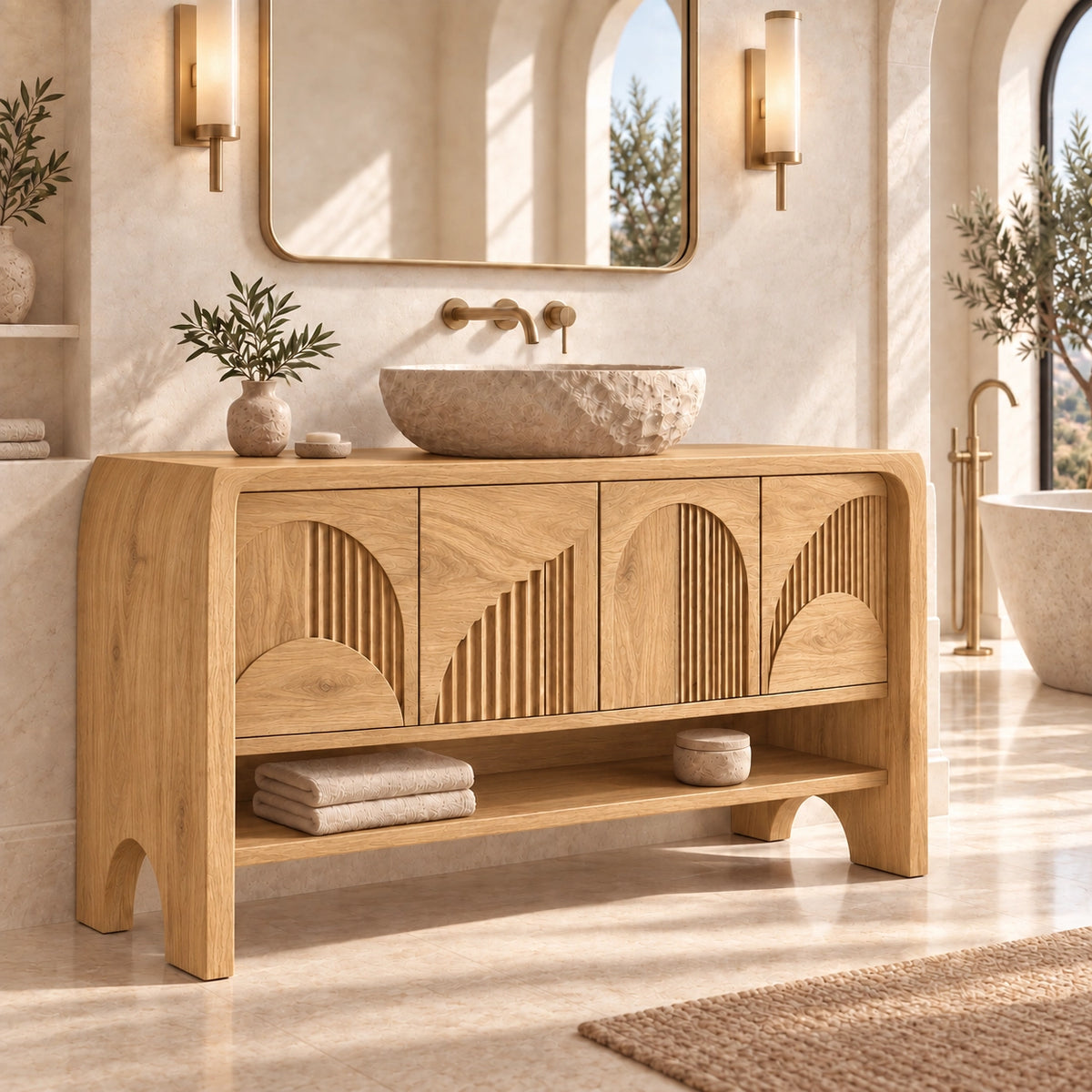 Traditional Bathroom Vanity with Fluted Arch Cabinet Doors in Natural Solid Wood - Woodenecho - 8