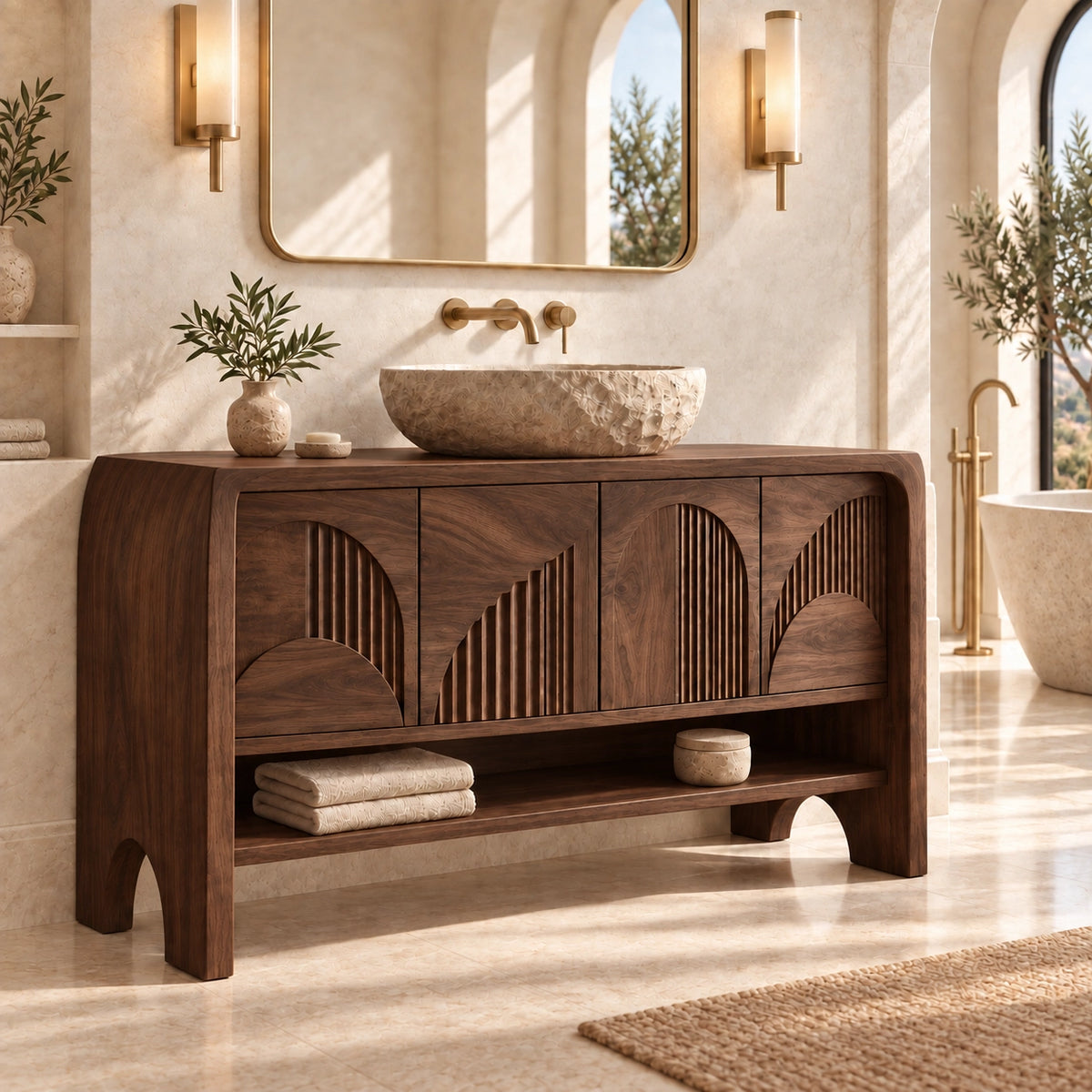 Traditional Bathroom Vanity with Fluted Arch Cabinet Doors in Natural Solid Wood - Woodenecho - 9