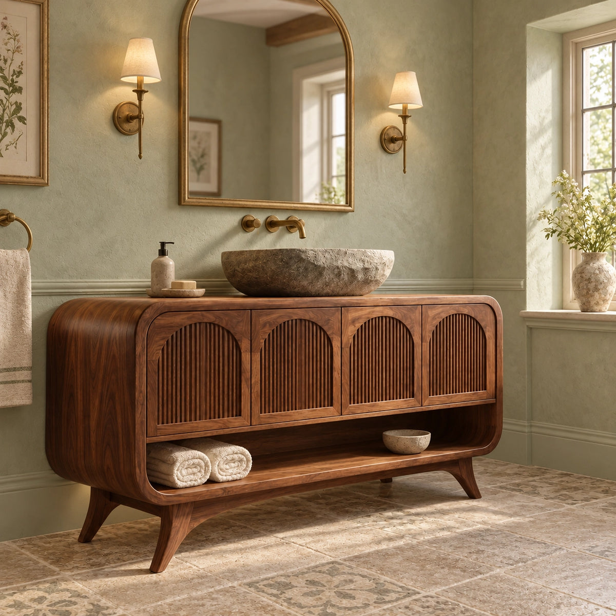 Traditional Bathroom Vanity with Fluted Arch Doors in Natural Solid Wood - Woodenecho - 1