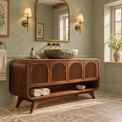 Traditional Bathroom Vanity with Fluted Arch Doors in Natural Solid Wood - Woodenecho - 1
