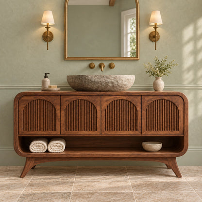 Traditional Bathroom Vanity with Fluted Arch Doors in Natural Solid Wood - Woodenecho - 3
