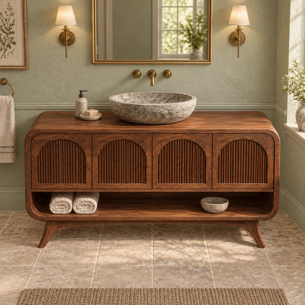 Traditional Bathroom Vanity with Fluted Arch Doors in Natural Solid Wood - Woodenecho - 4