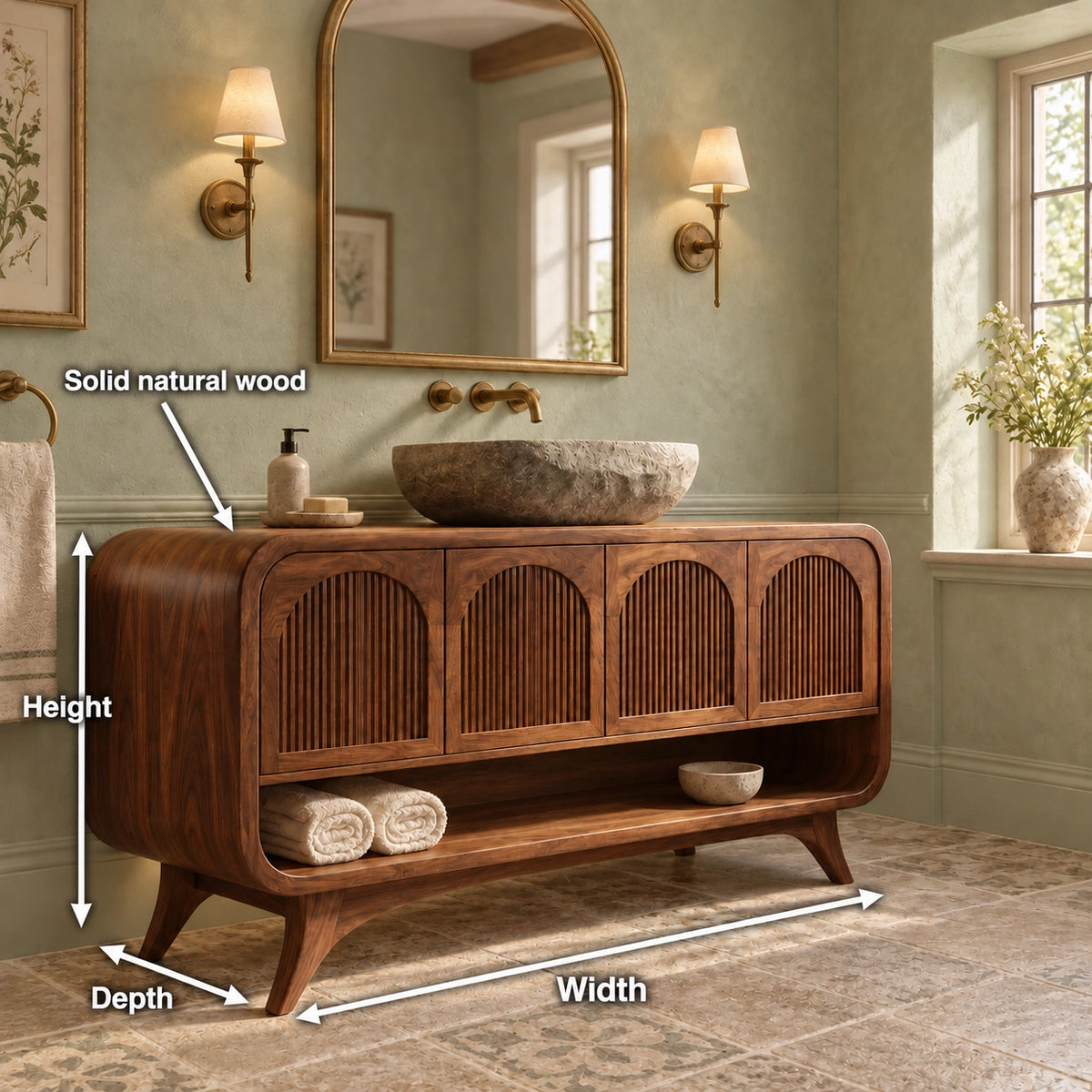 Traditional Bathroom Vanity with Fluted Arch Doors in Natural Solid Wood - Woodenecho - 6
