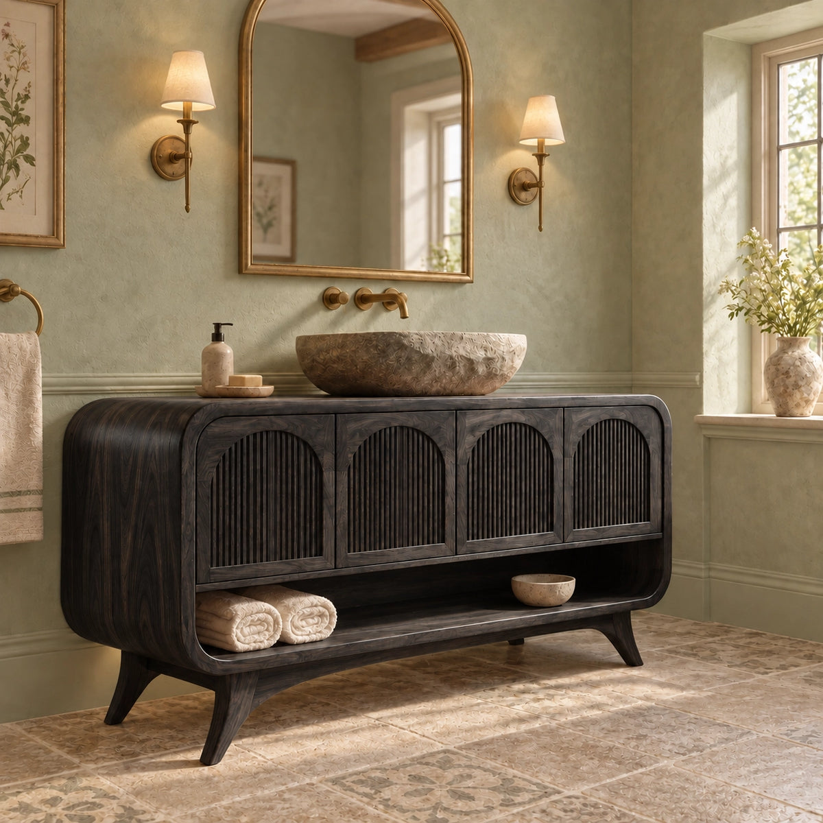 Traditional Bathroom Vanity with Fluted Arch Doors in Natural Solid Wood - Woodenecho - 7