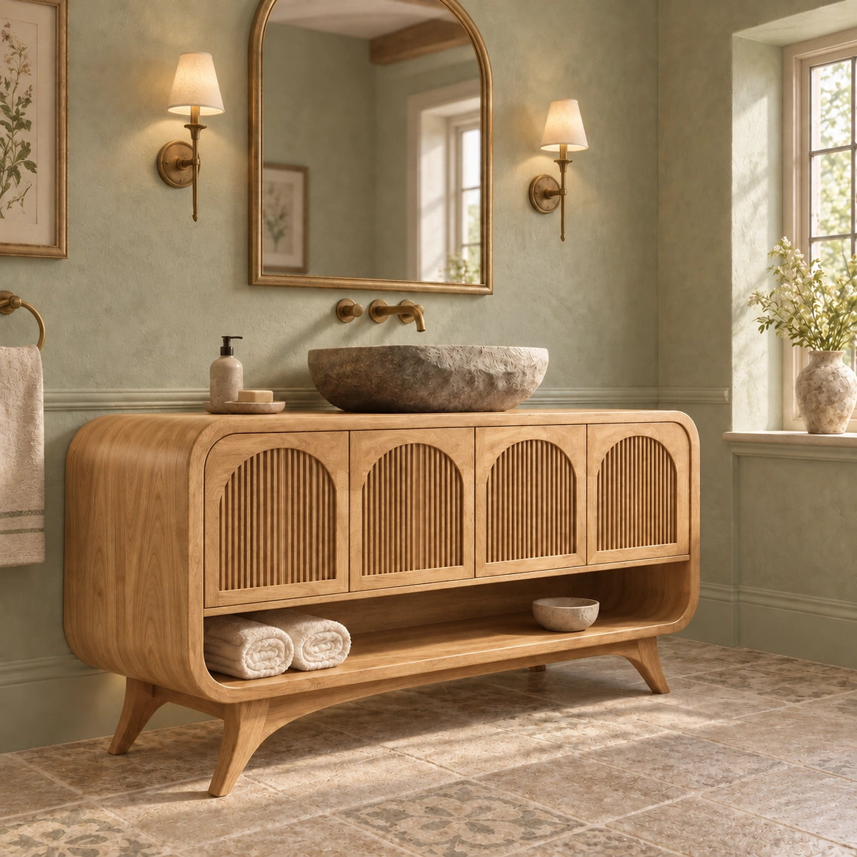 Traditional Bathroom Vanity with Fluted Arch Doors in Natural Solid Wood - Woodenecho - 8