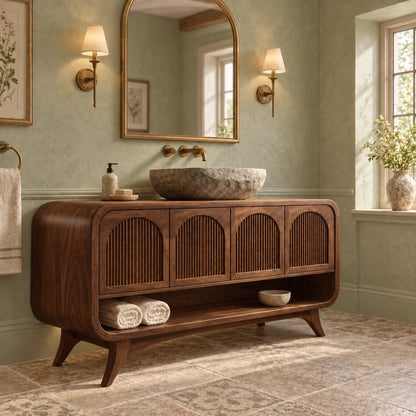 Traditional Bathroom Vanity with Fluted Arch Doors in Natural Solid Wood - Woodenecho - 9