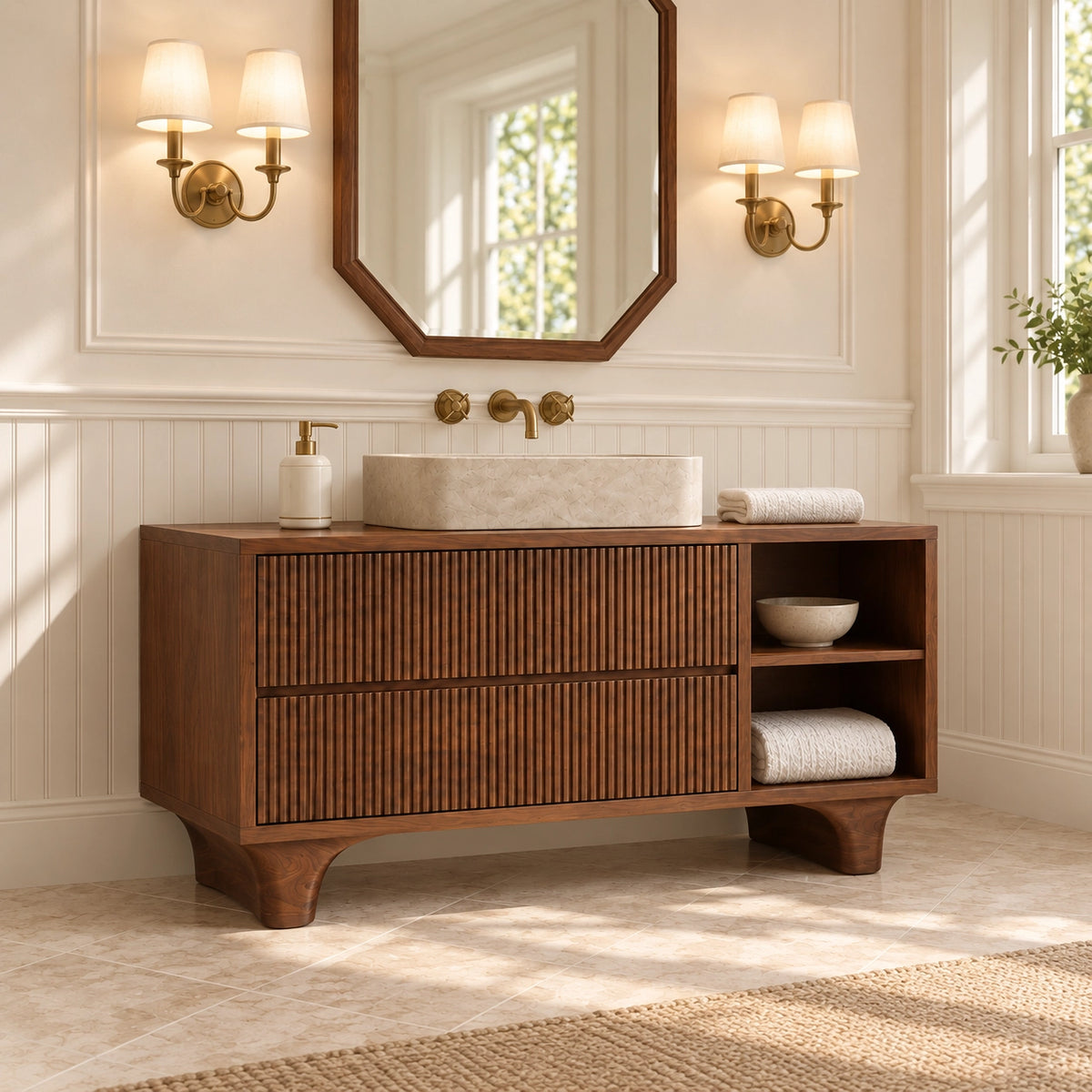 Traditional Bathroom Vanity with Fluted Drawers and Open Shelving - Woodenecho - 1