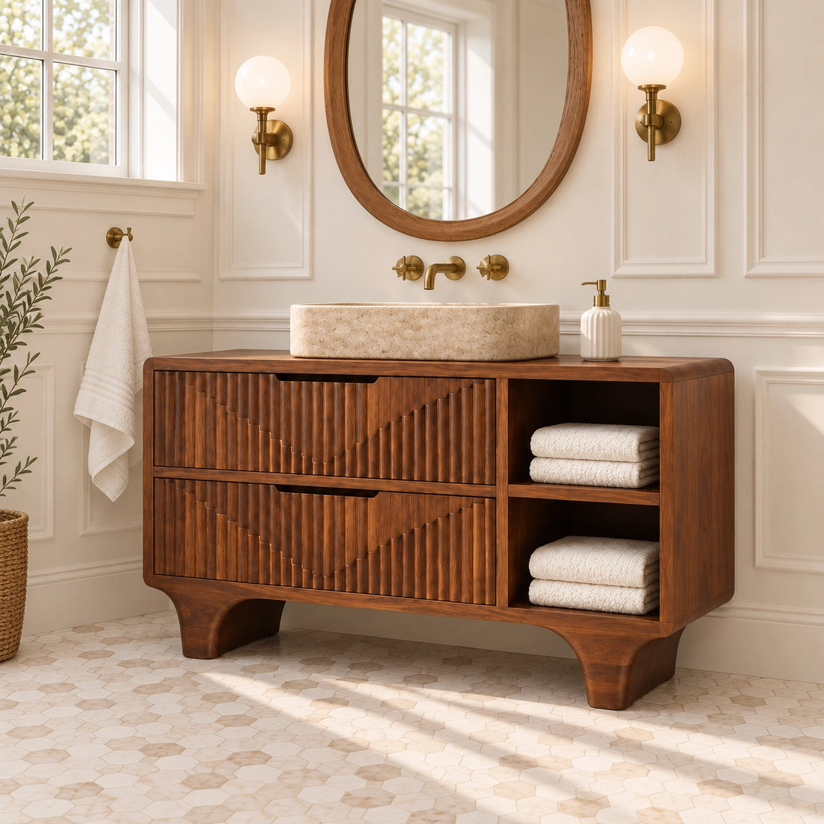 Traditional Bathroom Vanity with Fluted Drawers and Open Shelving - Woodenecho - 1