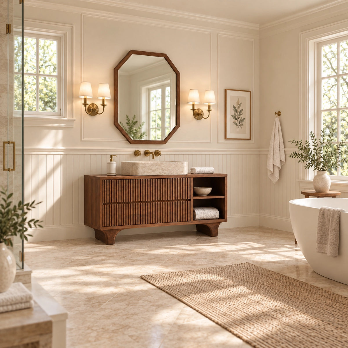 Traditional Bathroom Vanity with Fluted Drawers and Open Shelving - Woodenecho - 2