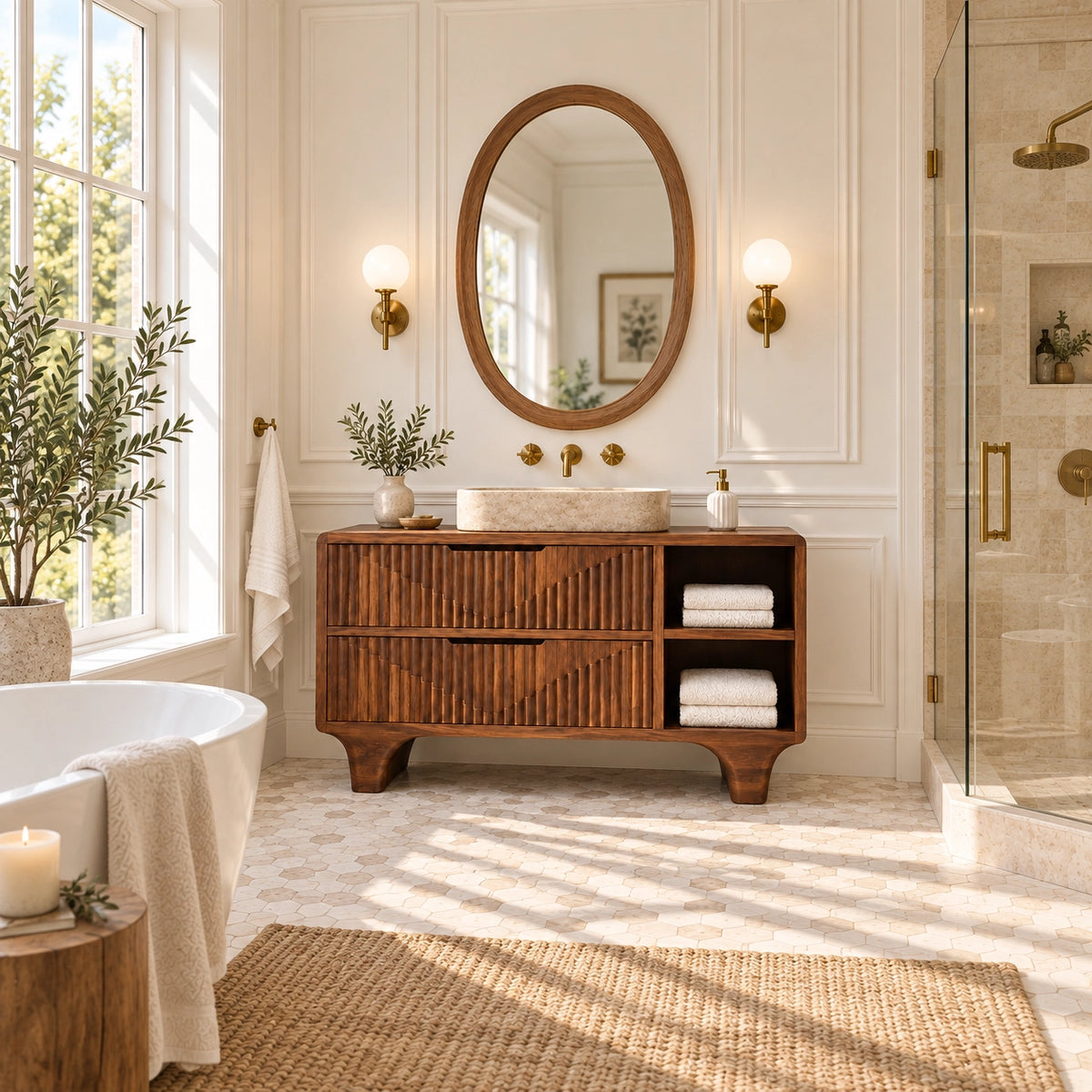 Traditional Bathroom Vanity with Fluted Drawers and Open Shelving - Woodenecho - 2