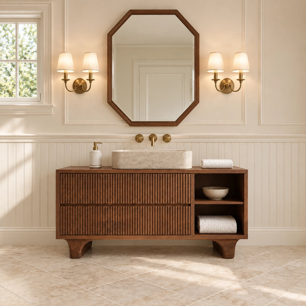 Traditional Bathroom Vanity with Fluted Drawers and Open Shelving - Woodenecho - 3