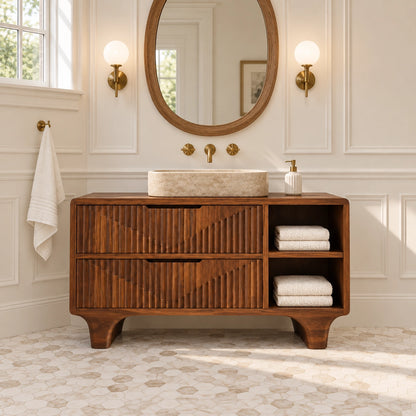 Traditional Bathroom Vanity with Fluted Drawers and Open Shelving - Woodenecho - 3