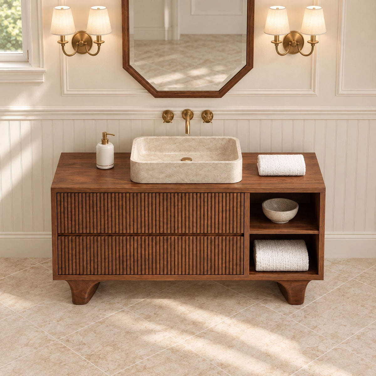Traditional Bathroom Vanity with Fluted Drawers and Open Shelving - Woodenecho - 4