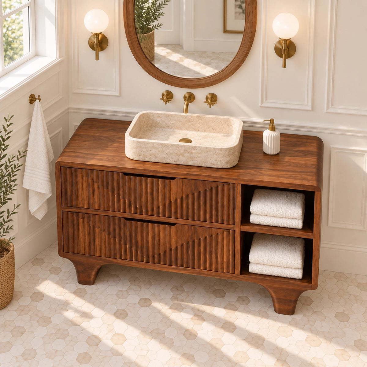 Traditional Bathroom Vanity with Fluted Drawers and Open Shelving - Woodenecho - 4