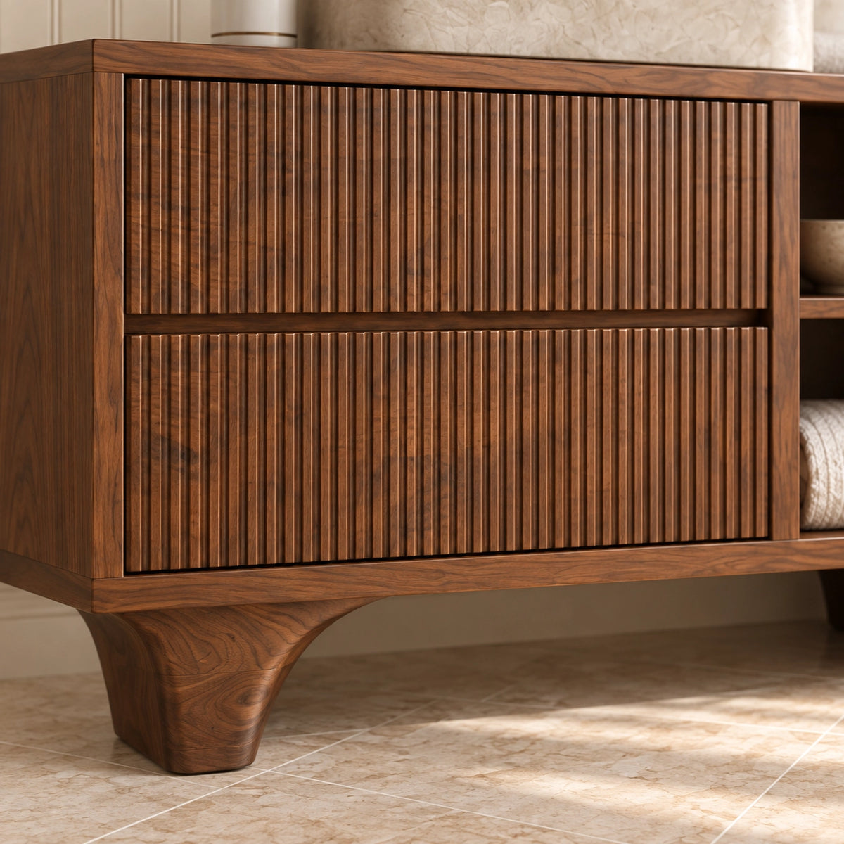 Traditional Bathroom Vanity with Fluted Drawers and Open Shelving - Woodenecho - 5