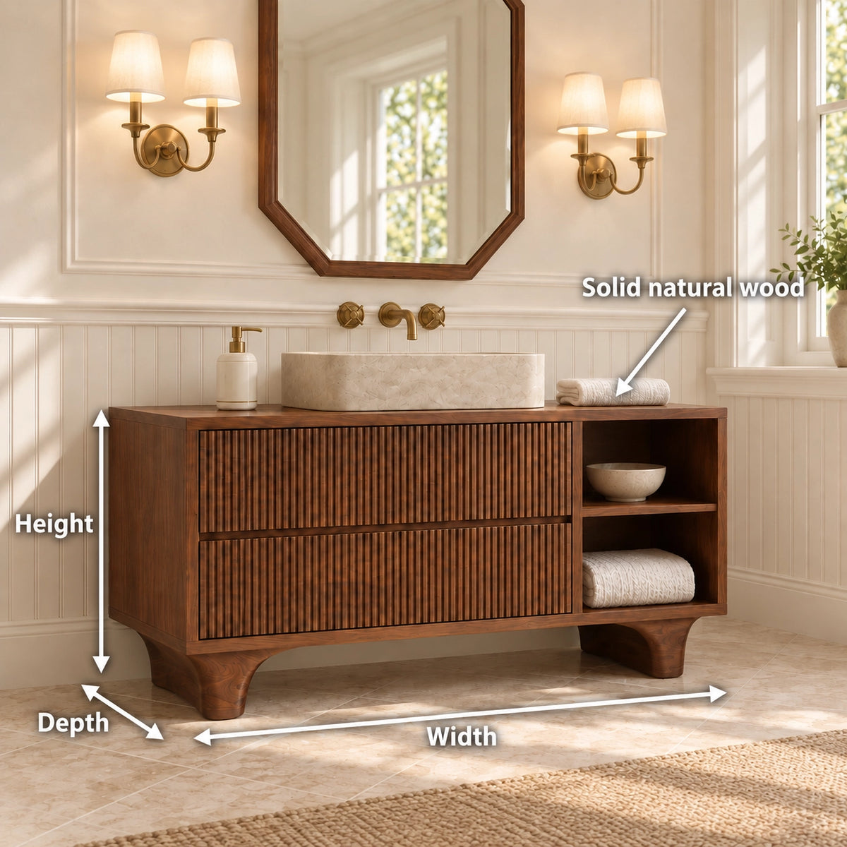 Traditional Bathroom Vanity with Fluted Drawers and Open Shelving - Woodenecho - 6
