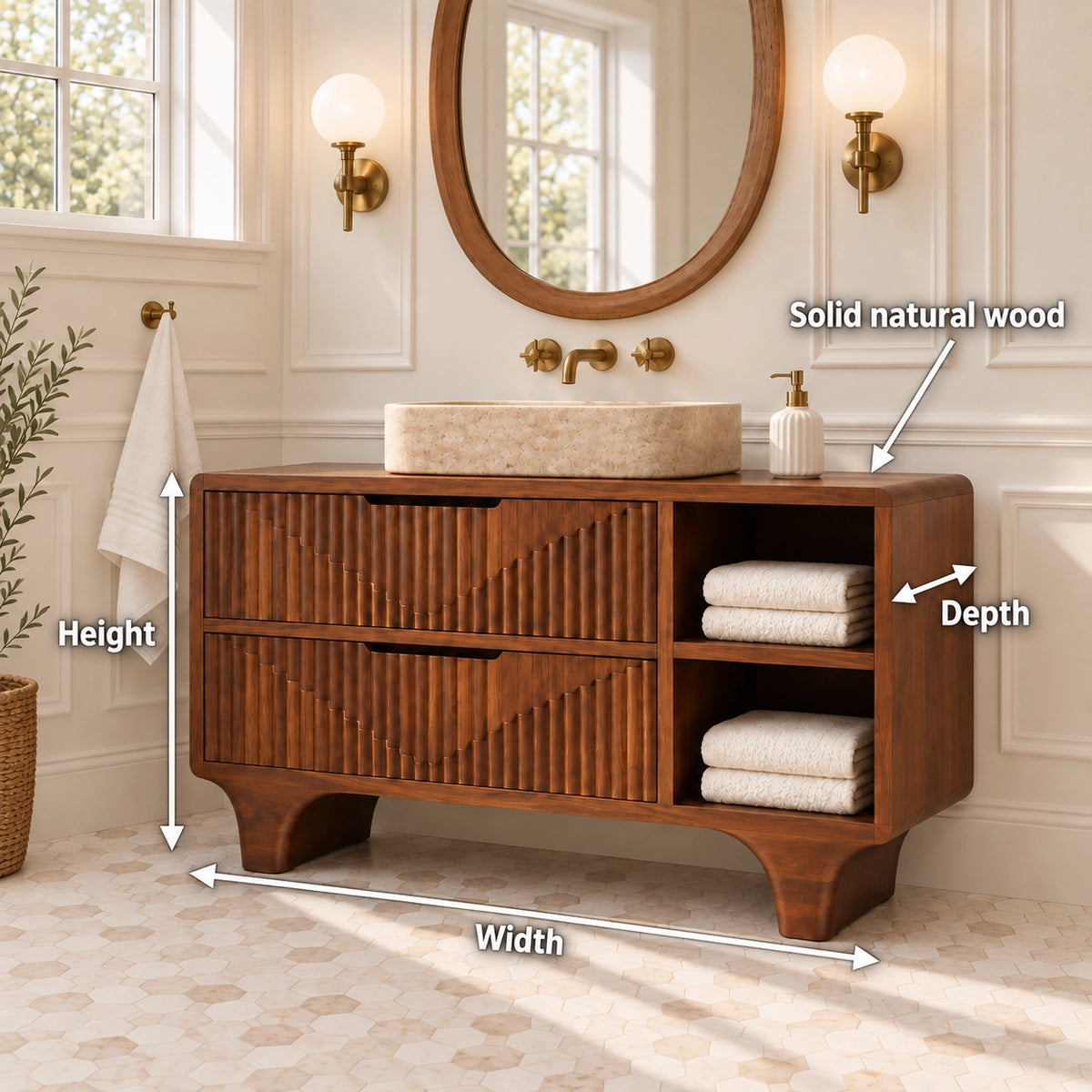 Traditional Bathroom Vanity with Fluted Drawers and Open Shelving - Woodenecho - 6