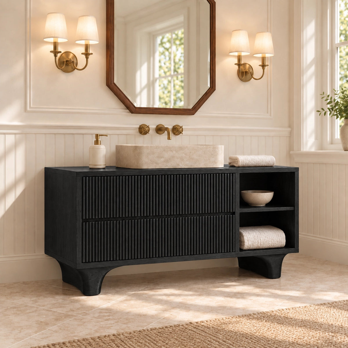 Traditional Bathroom Vanity with Fluted Drawers and Open Shelving - Woodenecho - 7