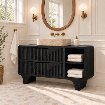 Traditional Bathroom Vanity with Fluted Drawers and Open Shelving - Woodenecho - 7