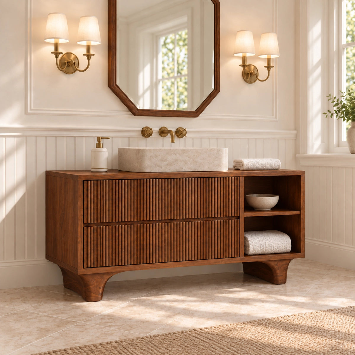 Traditional Bathroom Vanity with Fluted Drawers and Open Shelving - Woodenecho - 8