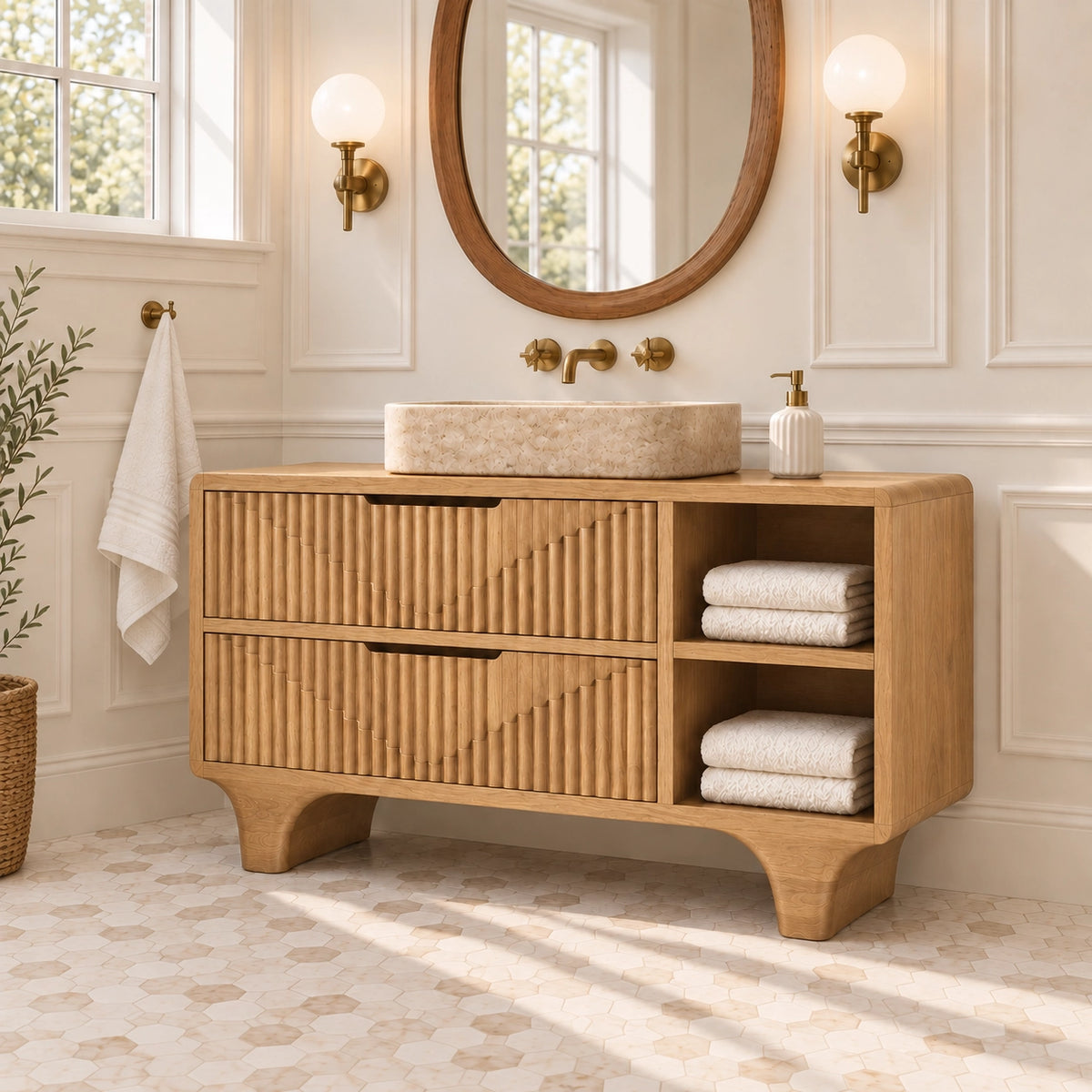 Traditional Bathroom Vanity with Fluted Drawers and Open Shelving - Woodenecho - 8