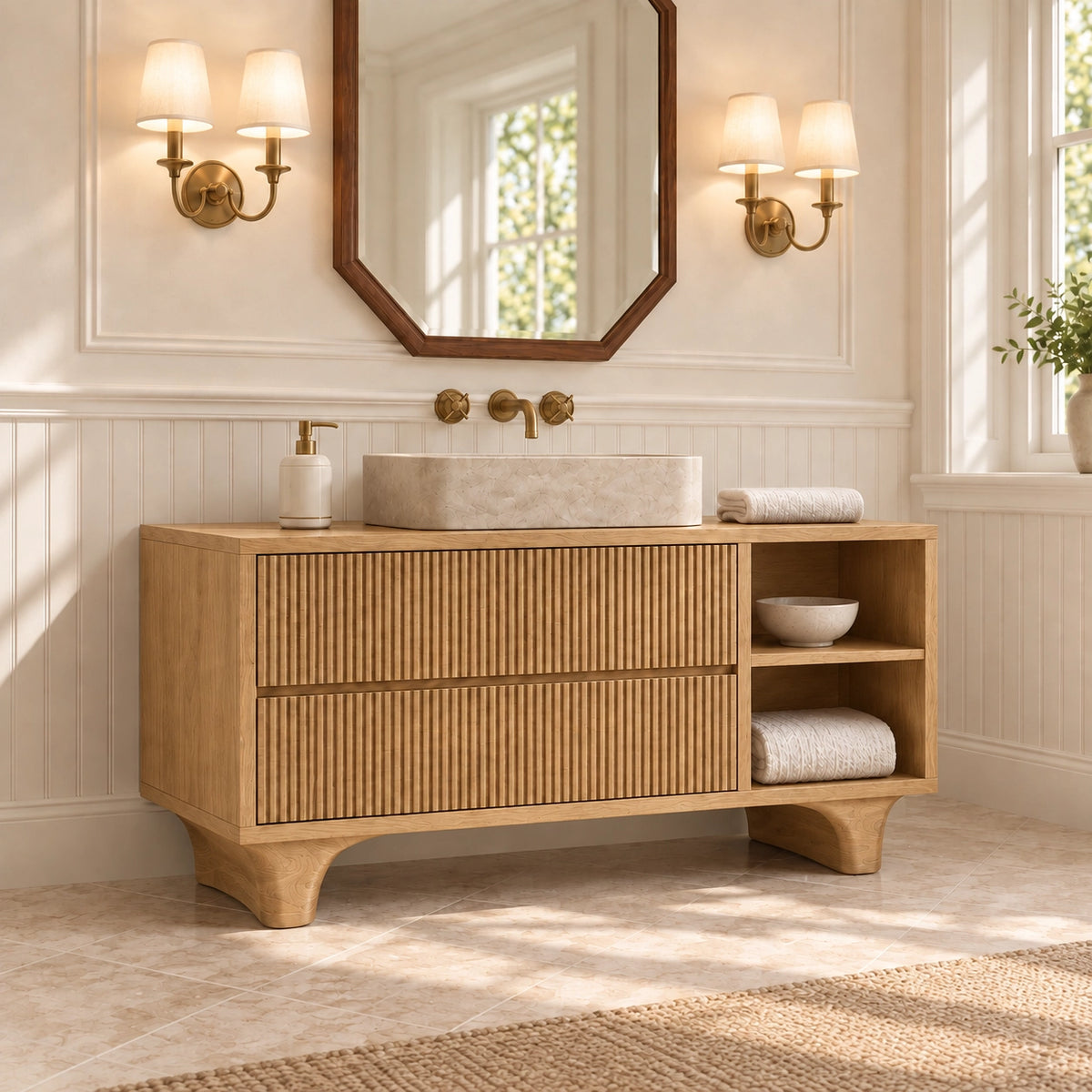 Traditional Bathroom Vanity with Fluted Drawers and Open Shelving - Woodenecho - 9