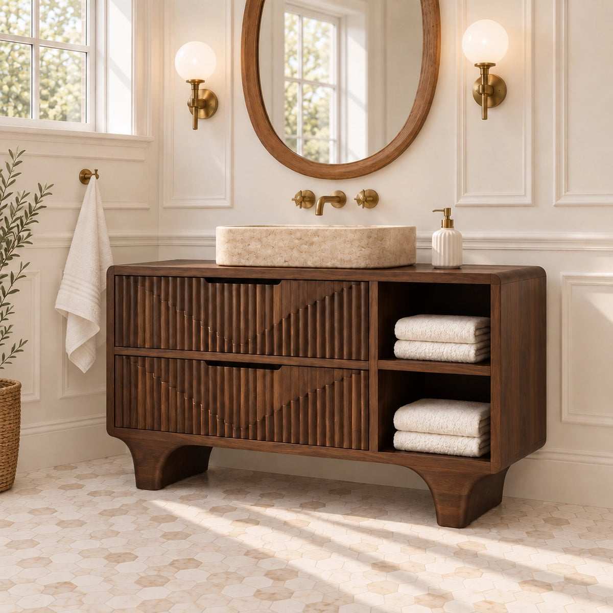 Traditional Bathroom Vanity with Fluted Drawers and Open Shelving - Woodenecho - 9
