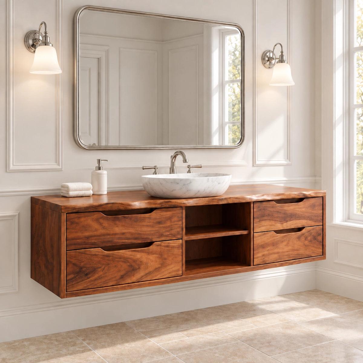 Traditional Bathroom Vanity with Four Drawers and Open Central Shelf - Woodenecho - 1