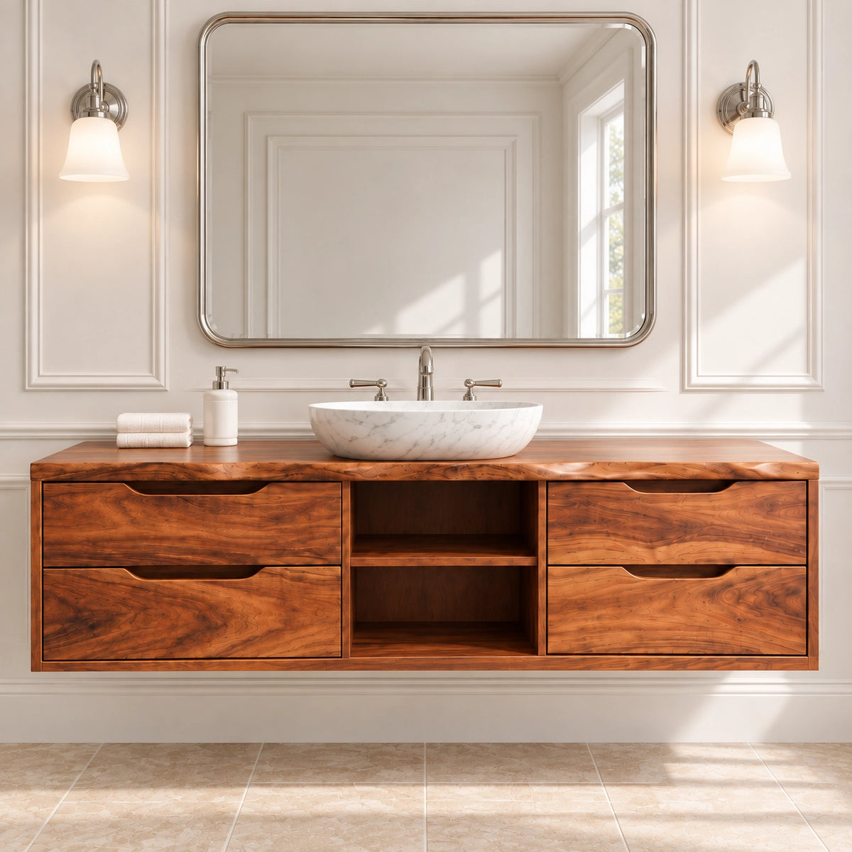 Traditional Bathroom Vanity with Four Drawers and Open Central Shelf - Woodenecho - 3