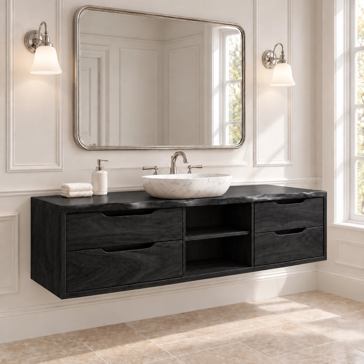 Traditional Bathroom Vanity with Four Drawers and Open Central Shelf - Woodenecho - 7