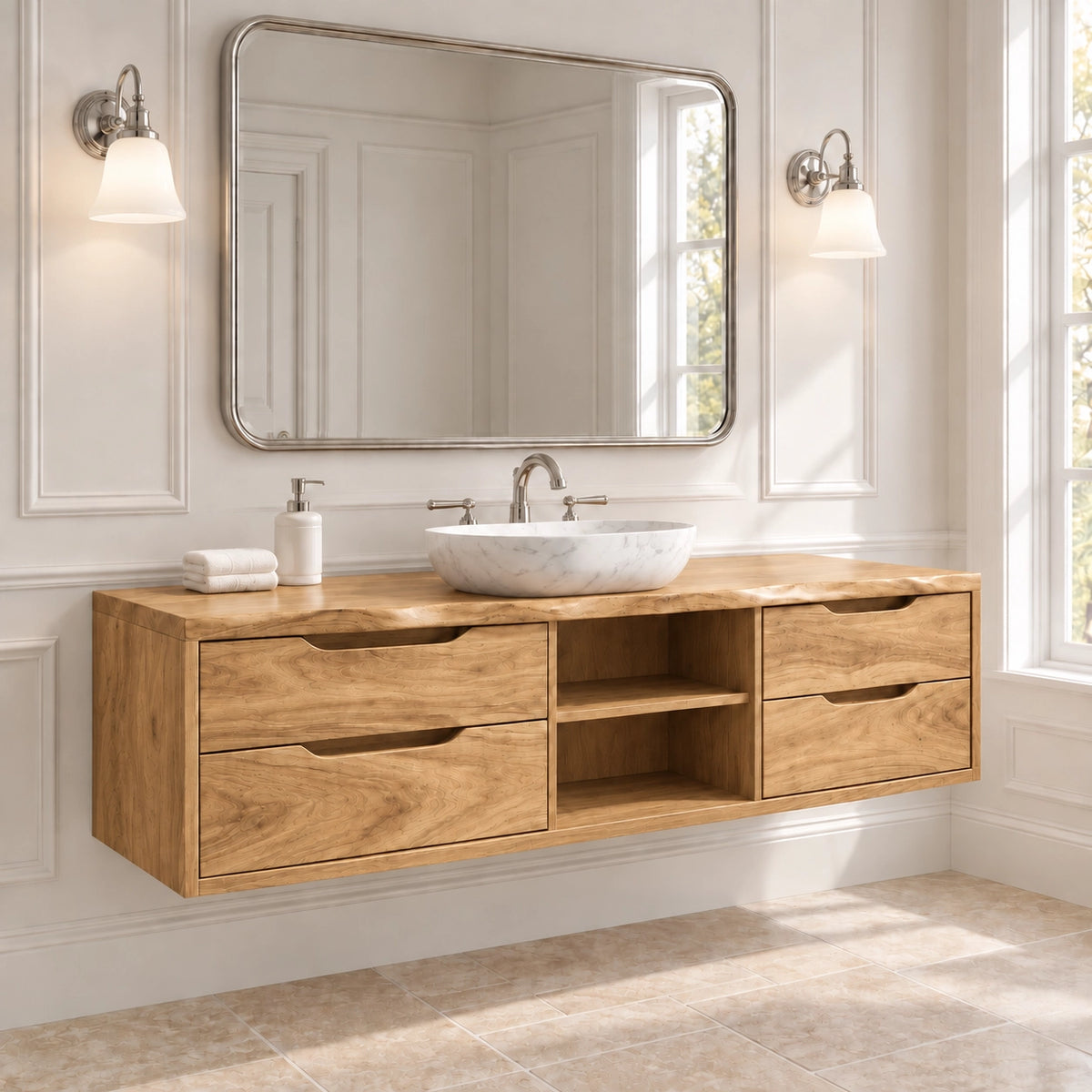 Traditional Bathroom Vanity with Four Drawers and Open Central Shelf - Woodenecho - 8
