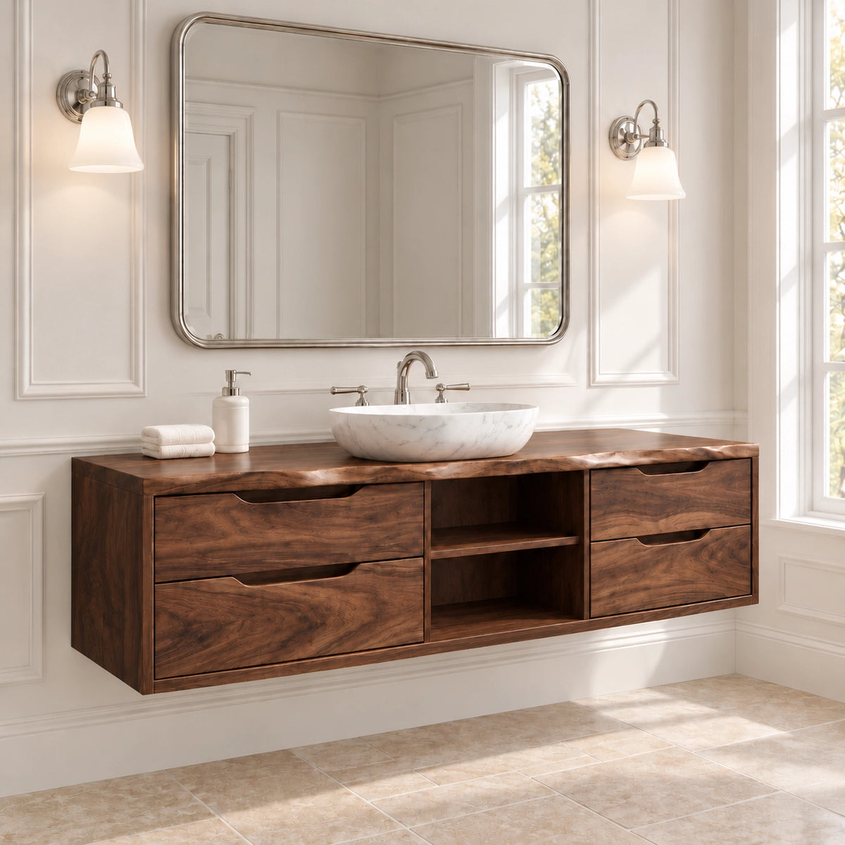 Traditional Bathroom Vanity with Four Drawers and Open Central Shelf - Woodenecho - 9