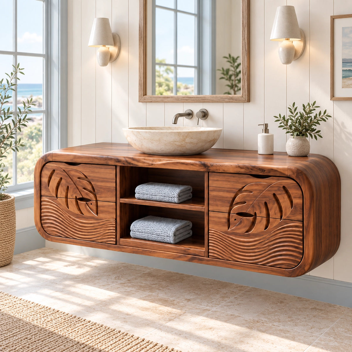 Traditional Bathroom Vanity with Leaf-Carved Doors and Open Storage - Woodenecho - 1