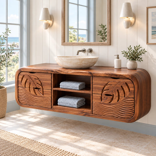 Traditional Bathroom Vanity with Leaf-Carved Doors and Open Storage - Woodenecho - 1