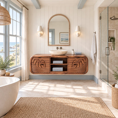 Traditional Bathroom Vanity with Leaf-Carved Doors and Open Storage - Woodenecho - 2
