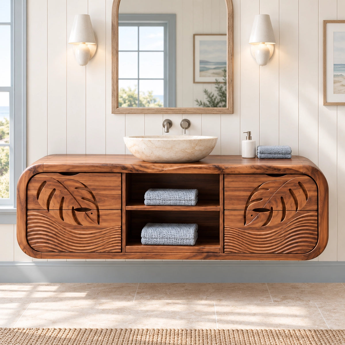 Traditional Bathroom Vanity with Leaf-Carved Doors and Open Storage - Woodenecho - 3