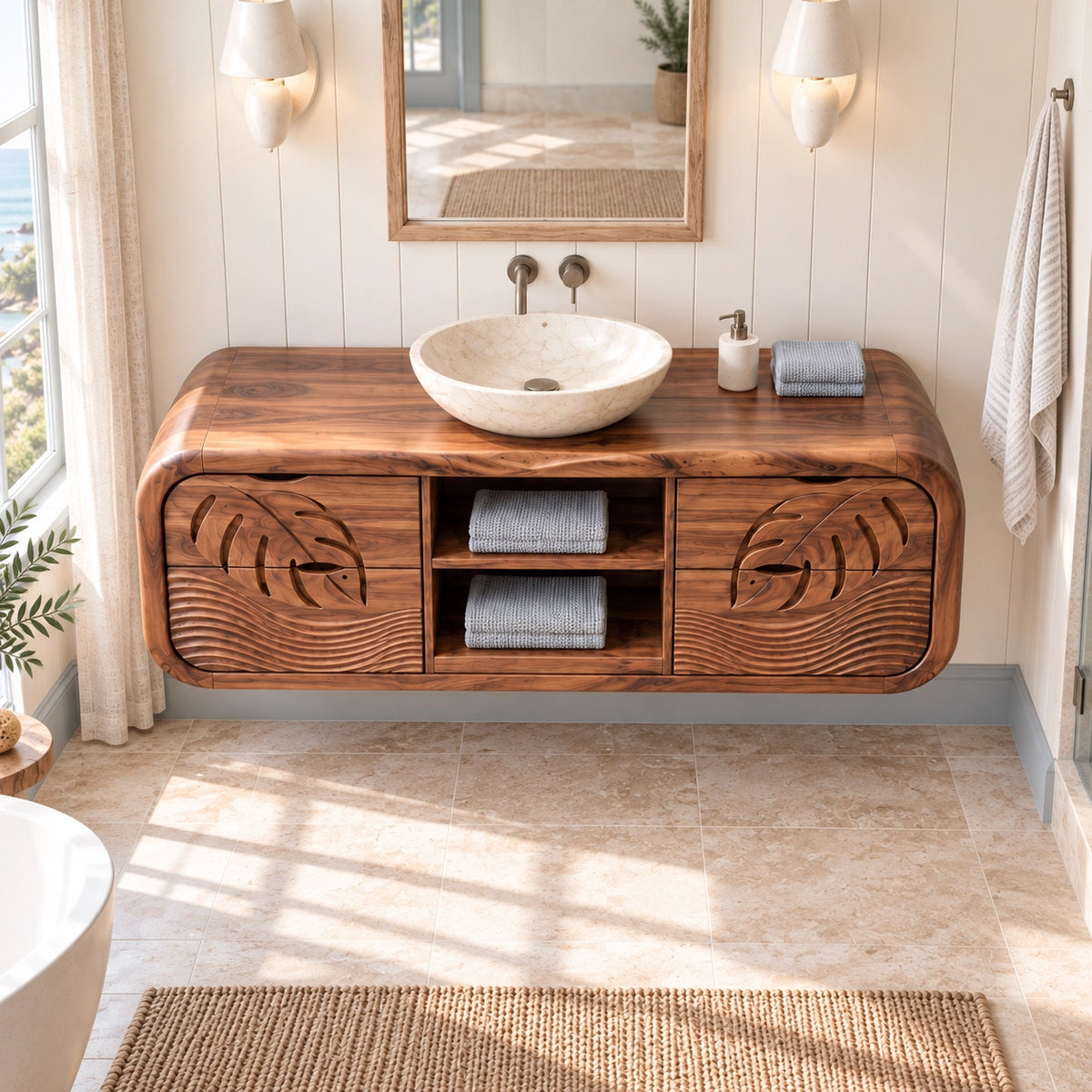 Traditional Bathroom Vanity with Leaf-Carved Doors and Open Storage - Woodenecho - 4