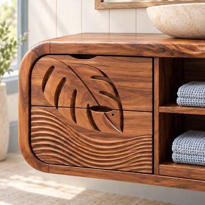 Traditional Bathroom Vanity with Leaf-Carved Doors and Open Storage - Woodenecho - 5