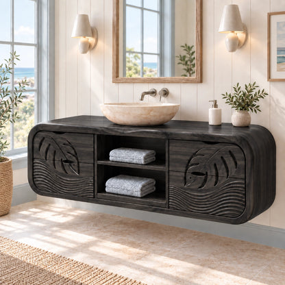 Traditional Bathroom Vanity with Leaf-Carved Doors and Open Storage - Woodenecho - 7