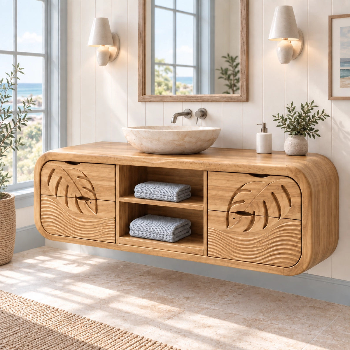 Traditional Bathroom Vanity with Leaf-Carved Doors and Open Storage - Woodenecho - 8