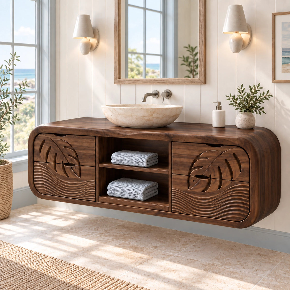 Traditional Bathroom Vanity with Leaf-Carved Doors and Open Storage - Woodenecho - 9