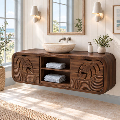 Traditional Bathroom Vanity with Leaf-Carved Doors and Open Storage - Woodenecho - 9