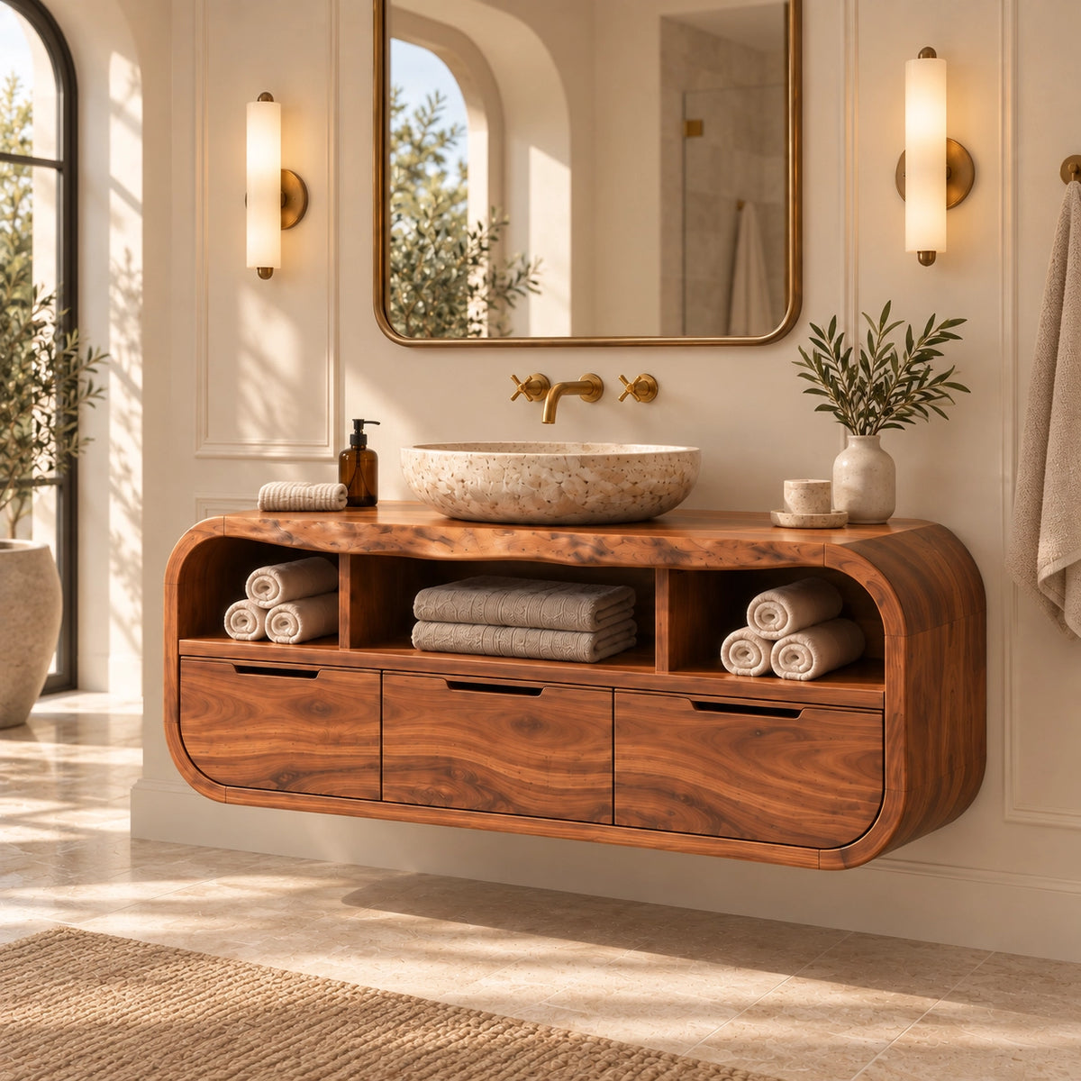 Traditional Bathroom Vanity with Rounded Storage Drawers in Natural Solid Wood - Woodenecho - 1
