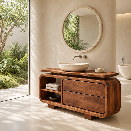 Traditional Bathroom Vanity with Rounded Storage Drawers in Natural Solid Wood - Woodenecho - 1