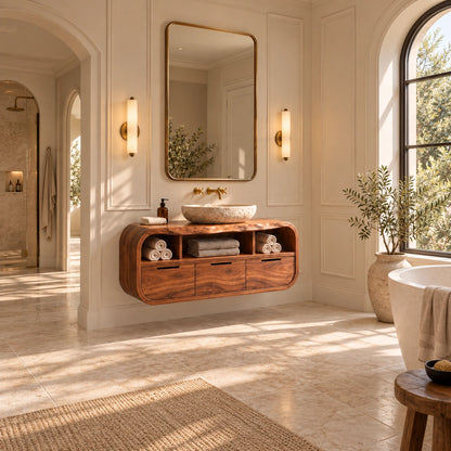 Traditional Bathroom Vanity with Rounded Storage Drawers in Natural Solid Wood - Woodenecho - 2