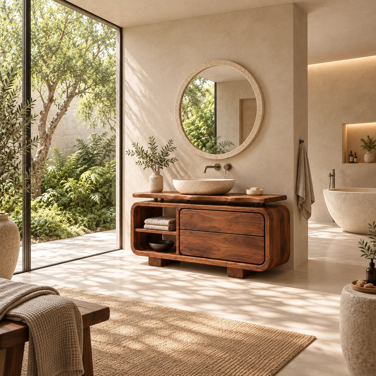 Traditional Bathroom Vanity with Rounded Storage Drawers in Natural Solid Wood - Woodenecho - 2