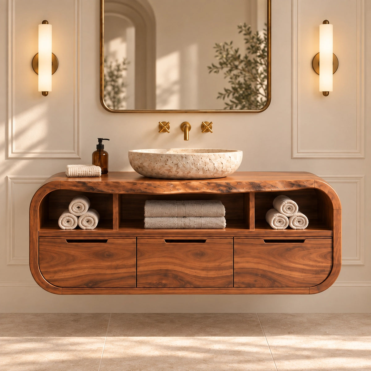 Traditional Bathroom Vanity with Rounded Storage Drawers in Natural Solid Wood - Woodenecho - 3