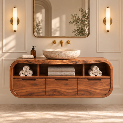Traditional Bathroom Vanity with Rounded Storage Drawers in Natural Solid Wood - Woodenecho - 3